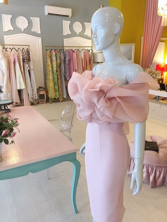 Classy Pink Off The Shoulder Sheath Prom Dress,Pink Formal Gown