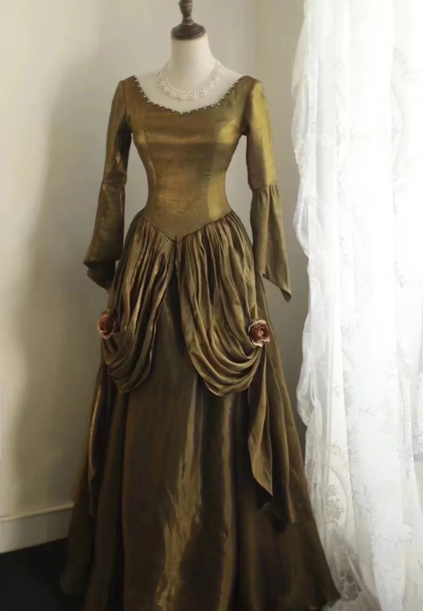 Green Velvet Prom Party Dress With Long Sleeves Classy Retro Evening Dress
