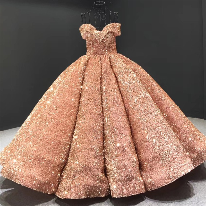 Sparkly Sweetheart Off The Shoulder Ball Gown Wedding Dresses | Sequin Puffy Bridal Gown
