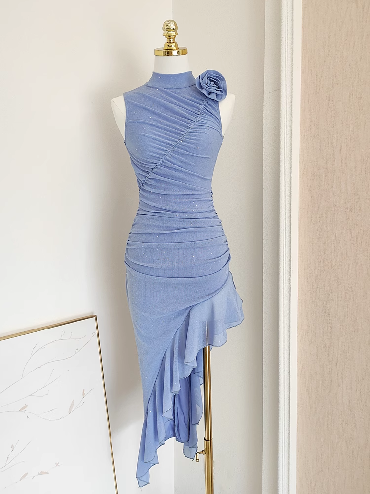 Sexy Sheath High Neckline Blue Ruffles Vacation Dresses Short Birthday Outfits
