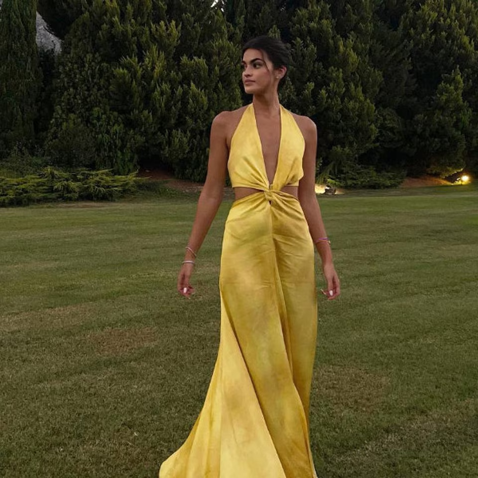 Pretty A line Halter Neckline Long Yellow Prom Dress Evening Dress Formal Dress