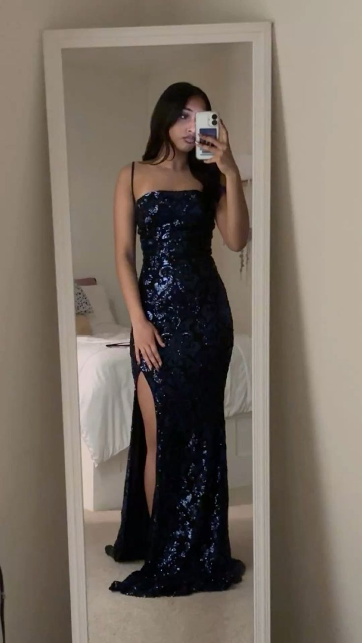 Gorgeous Spaghetti Straps Navy Blue Sequin Side Slit Mermaid Evening Dress Long Wedding Guest Dress