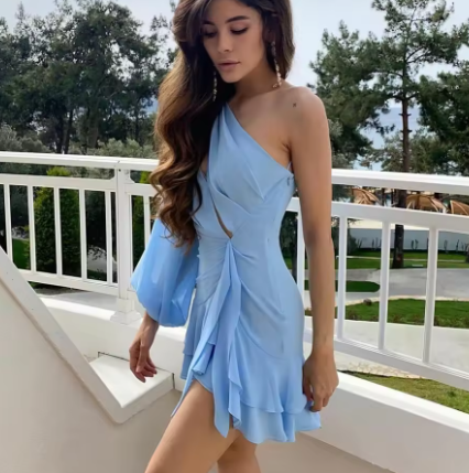 Classy Blue Chiffon One Shoulder Short Party Dress Formal 6th Grade Homecoming Dress
