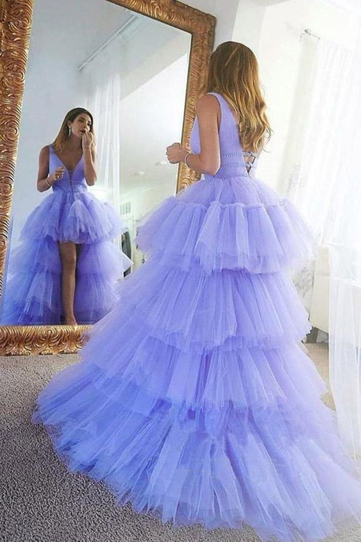 High Low V Neck Purple Tulle Long Prom Dress with Belt