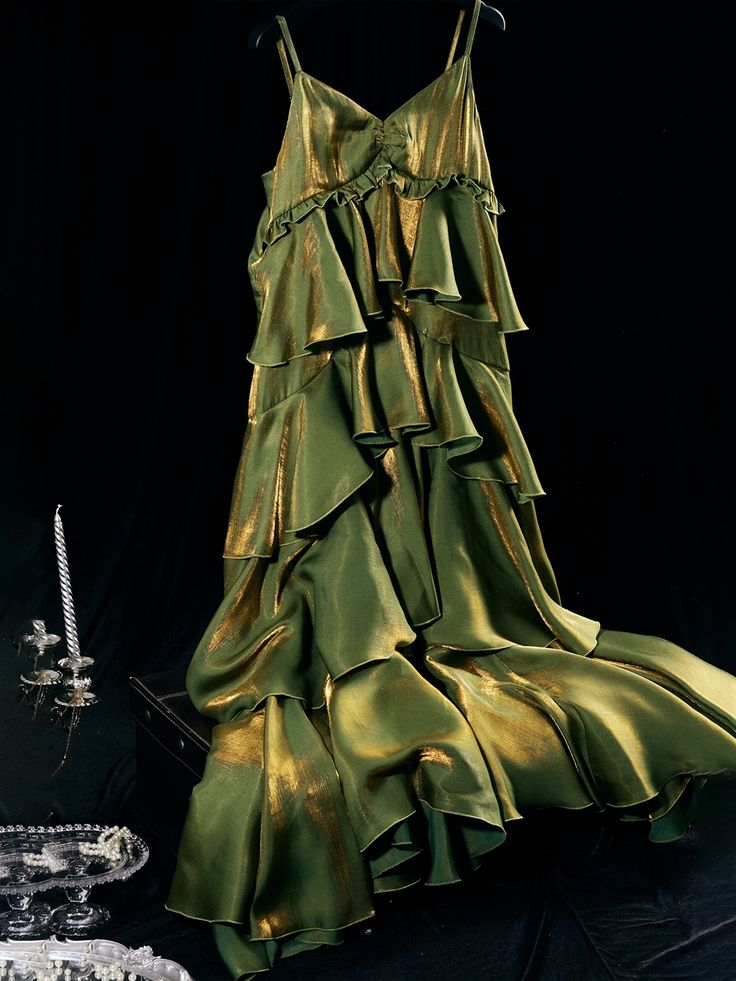 Green V-Neck Tiered Flounce Long Prom Dress Party Dress