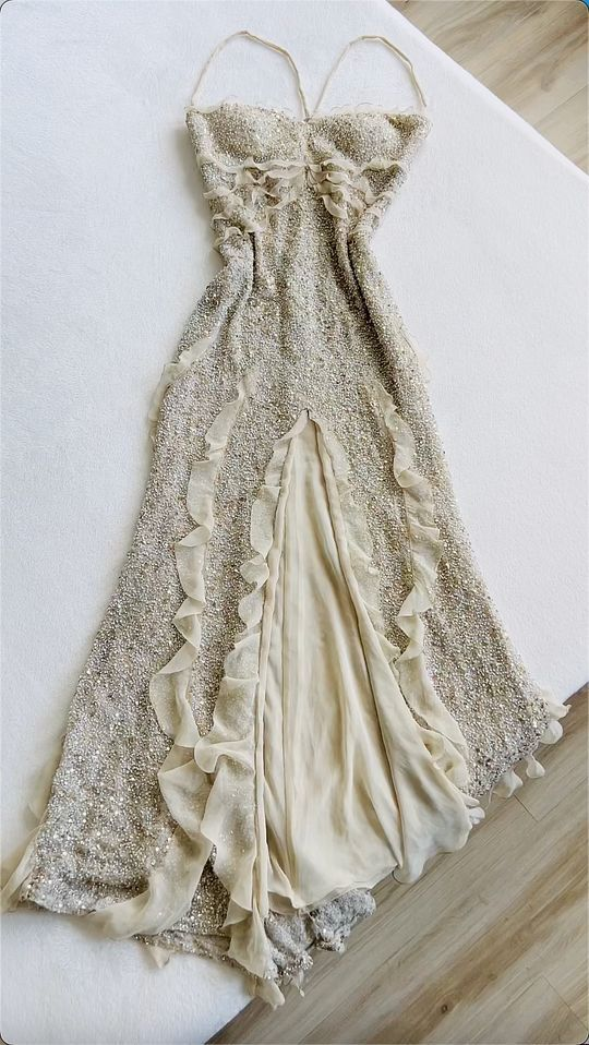 Vintage Sequin Beaded Long Evening Prom Dress Slit Ruffles Party Gown