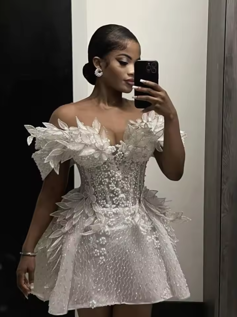 Vintage Pearls Beaded Floral Short Cocktail Dress Birthday Dress White Off The Shoulder Homecoming Dress