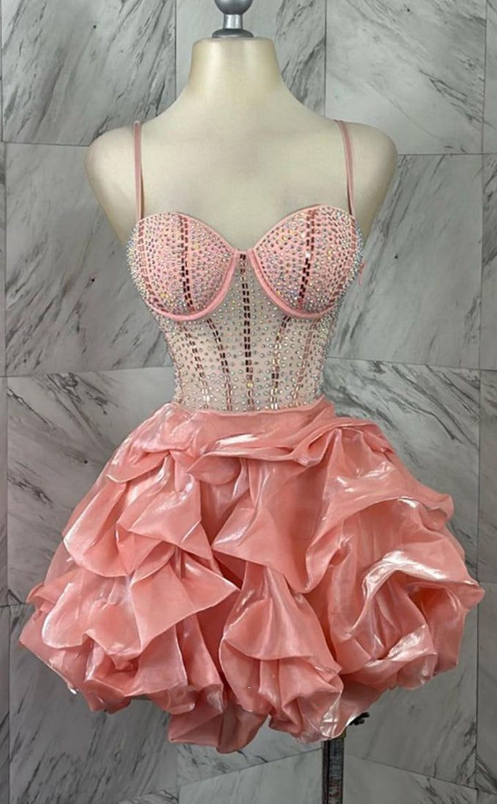 Stylish Spaghetti Straps Blush Pink Organza Formal Graduation Homecoming Dress Short Prom Dress