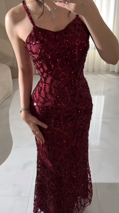 Pretty Spaghetti Straps Burgundy Tulle Sequin Beaded Mermaid Prom Dress Long Evening Dress