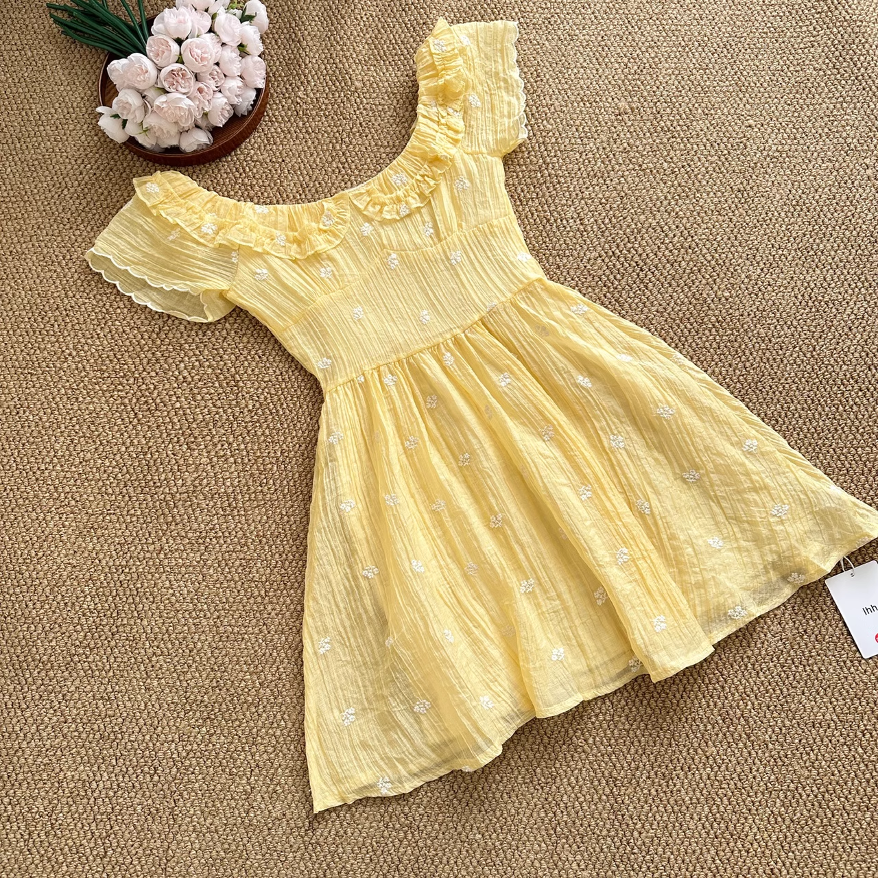 Cute A line Scoop Short Sleeves Yellow Floral Holiday Dresses Beach Dress Birthday Outfits