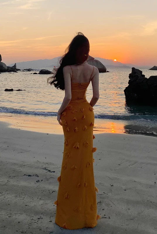 Unique Orange Mermaid Evening Gown Spaghetti Strap 3D Flower Long Prom Dress