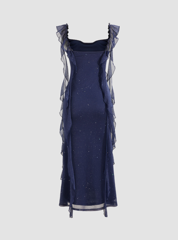 Elegant Sheath Square Neckline Navy Blue Chiffon Ruffles Prom Dresses Formal Dress
