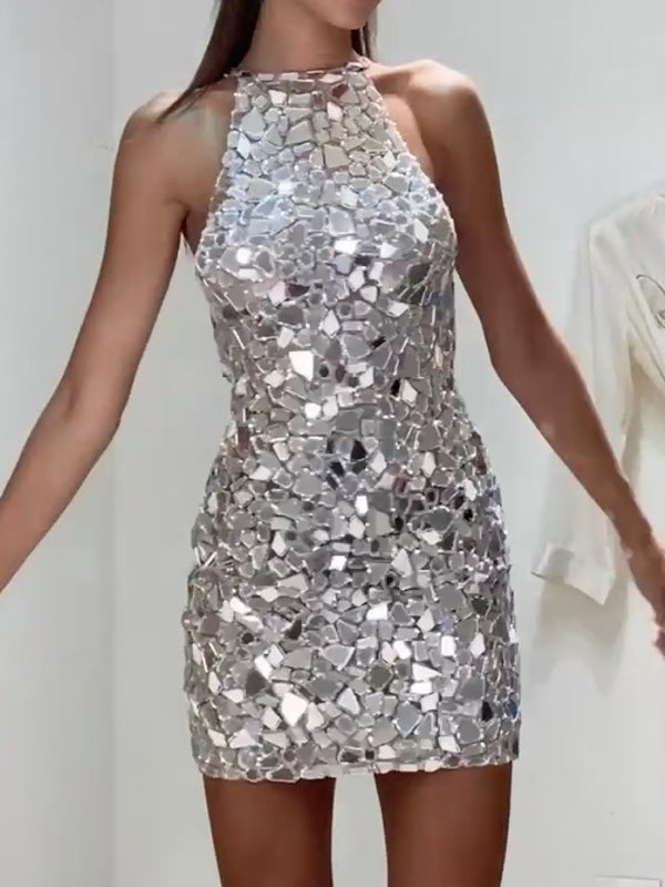 Halter-Neck Sequined Backless Sleeveless Loose Mini Dress Party Dress