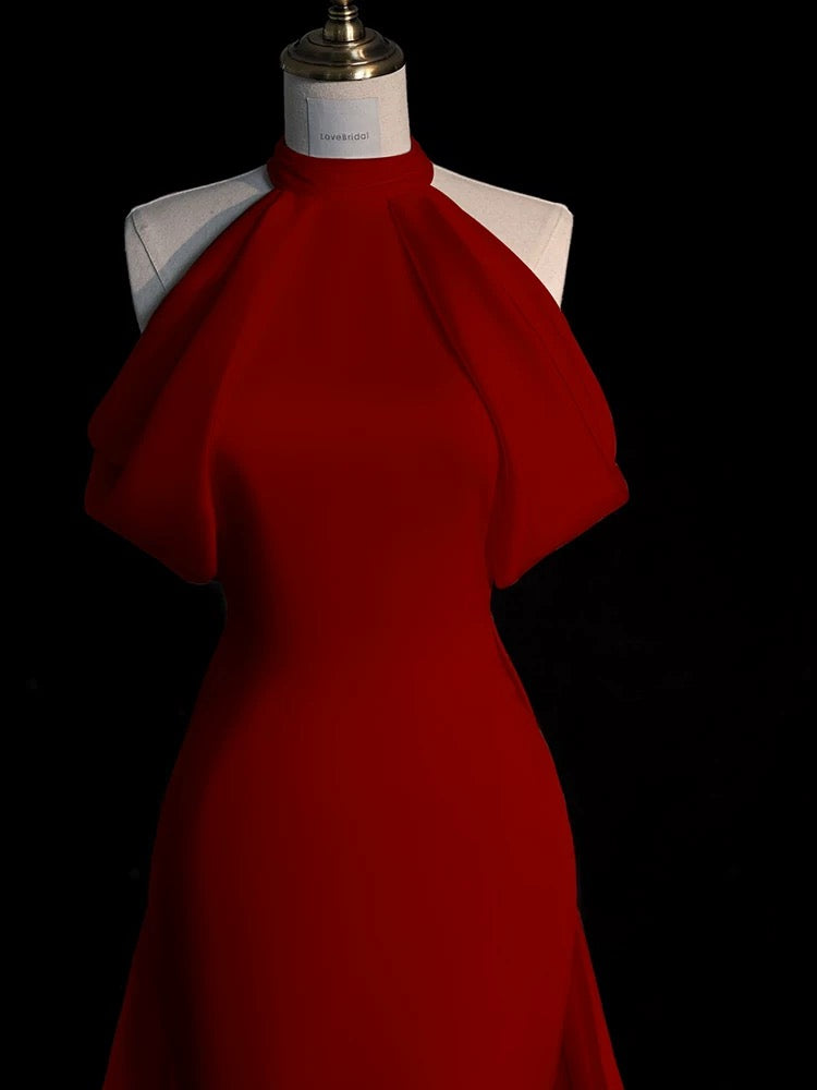 Sexy Sheath Halter Red Satin Long Prom Dress Evening Dress Formal Dress