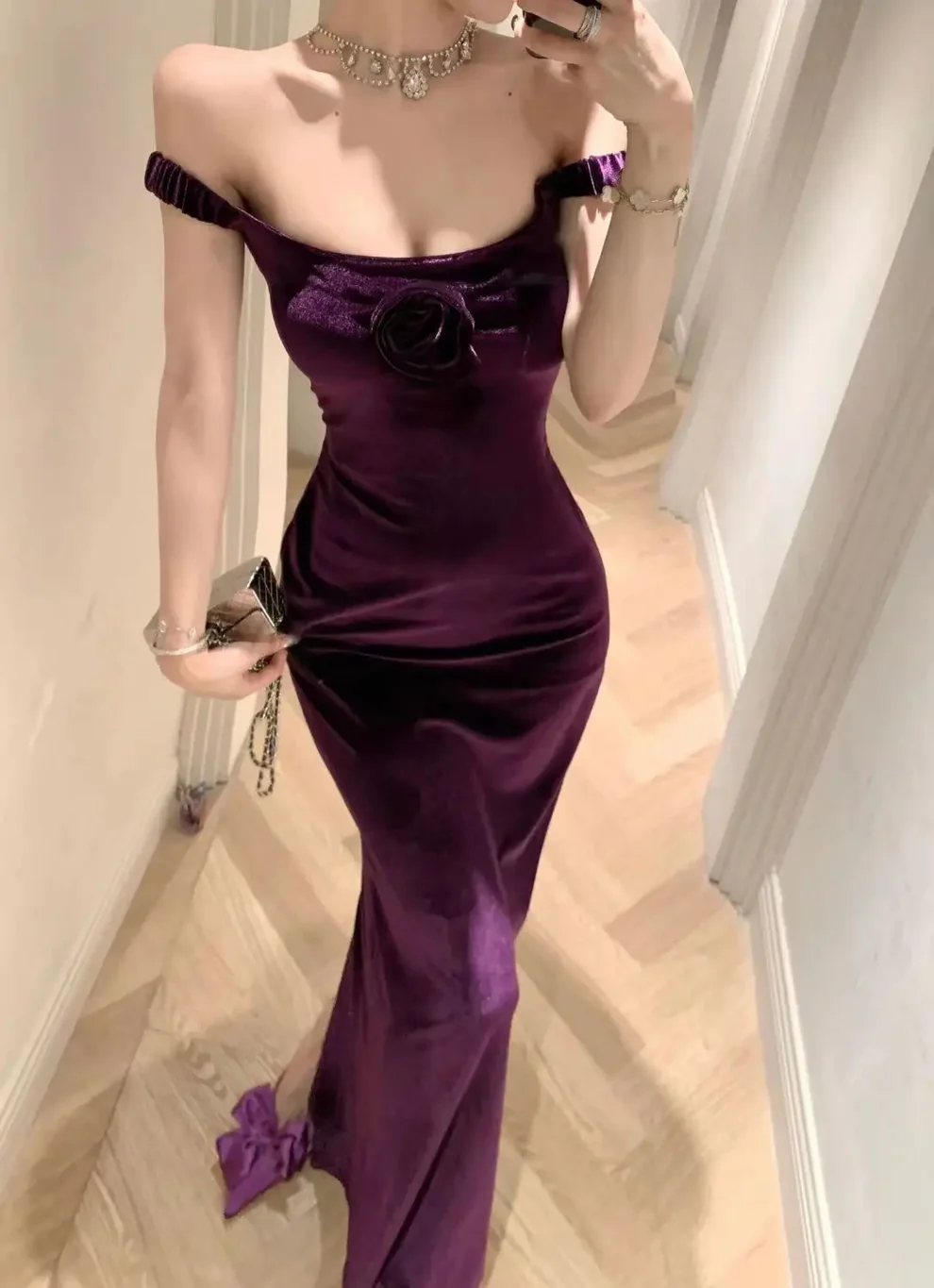 Purple Elegant Off Shoulder Mermaid Evening Dress,Velvet Slit Mermaid Party Prom Dress