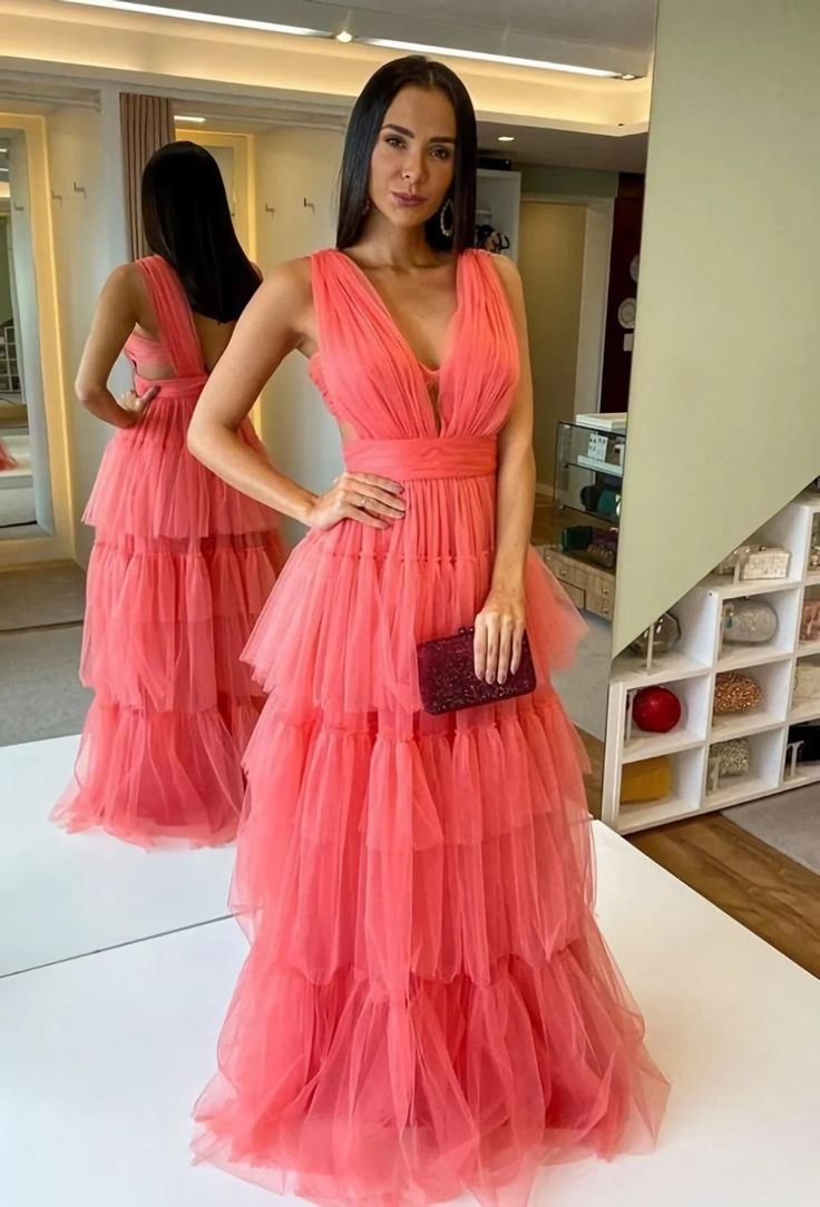 A-Line V Neck Tulle Prom Dresses