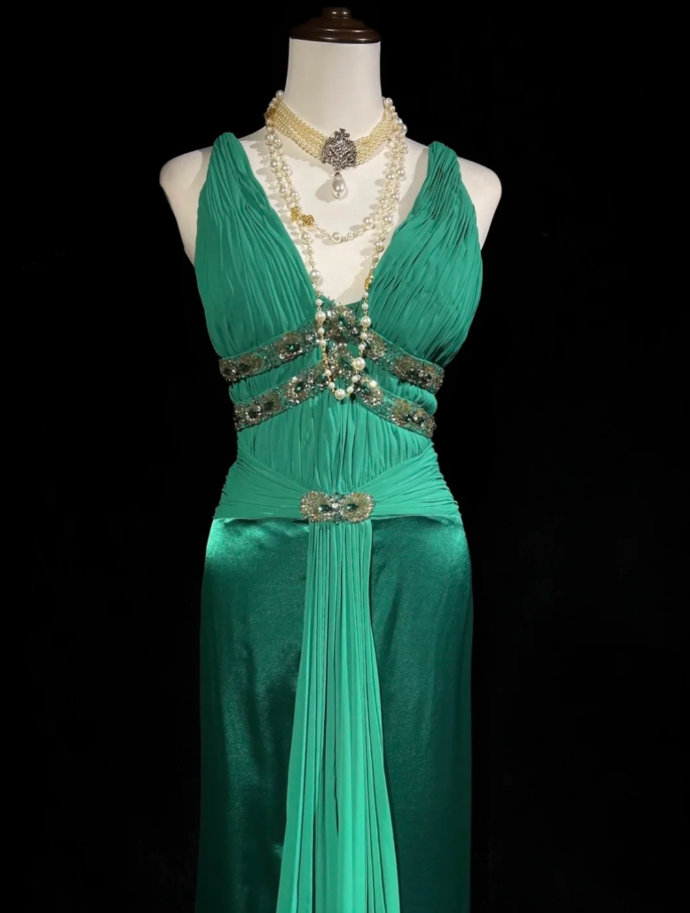 Elegant V Neck Green Satin Beaded Mermaid Long Wedding Guest Dress Formal Birthday Party Dress