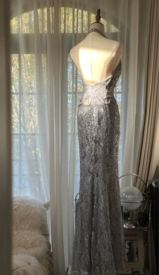 Gorgeous Silver Gray Halter Lace Mermaid Long Party Dress Prom Dresses