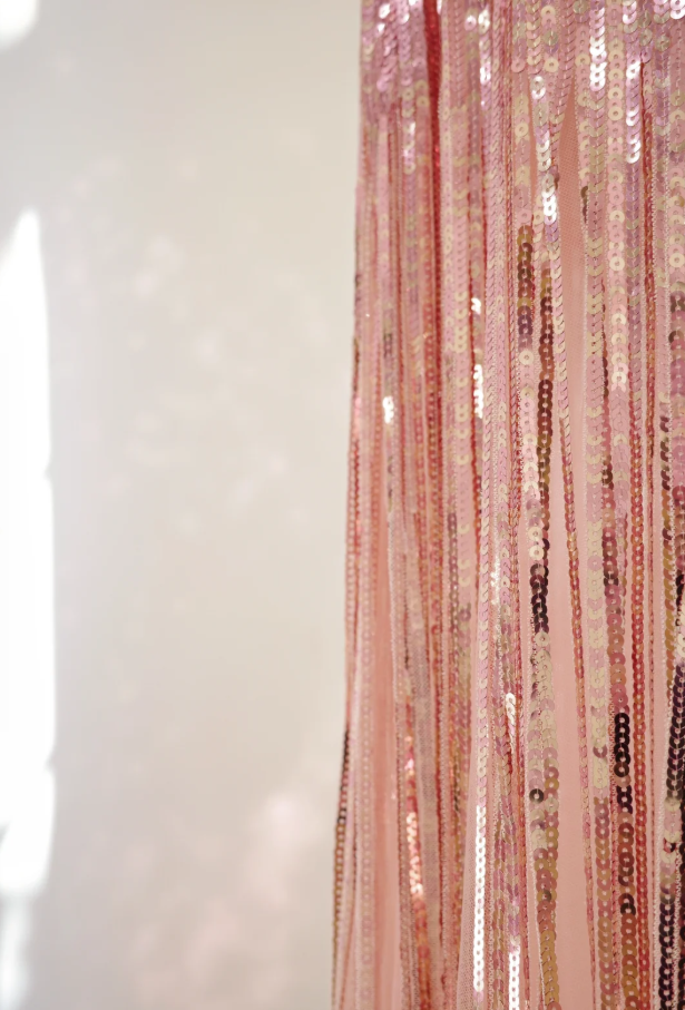 Sparkly Spaghetti Straps Pink Sequin Long Birthday Party Dress Evening Gown