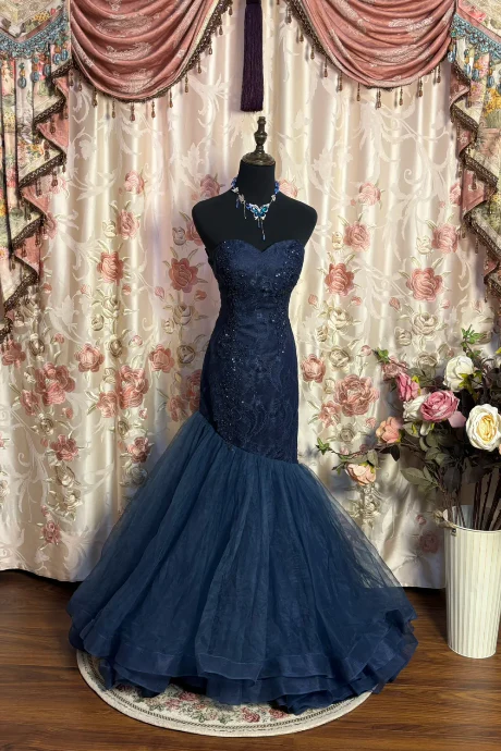 Retro Sweetheart Neck Navy Blue Tulle Appliques Mermaid Prom Dress Birthday Party Dress