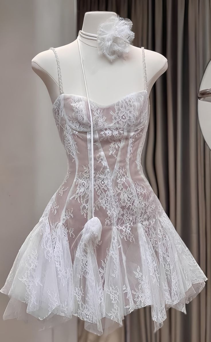 Elegant Spaghetti Straps Tulle Lace A Line Short Prom Dress Formal Homecoming Dress