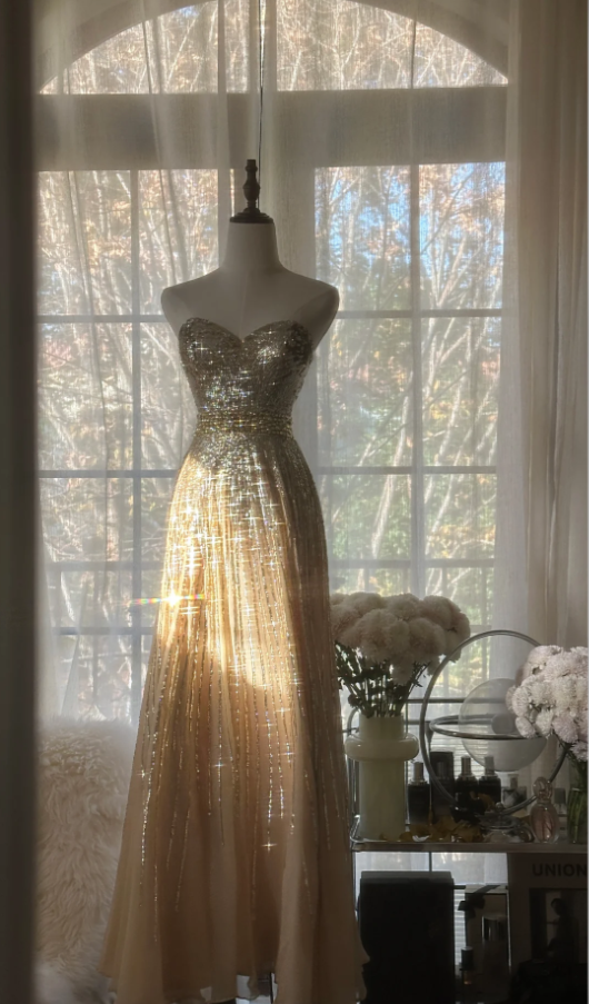 Sparkly Champagne Strapless Chiffon Sequin Beaded Mermaid Evening Dress Long Birthday Party Dress