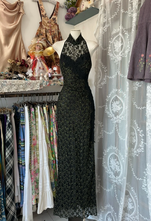 Sexy Halter Sleeveless Black Lace Sheath Long Evening Dress Birthday Prom Dresses