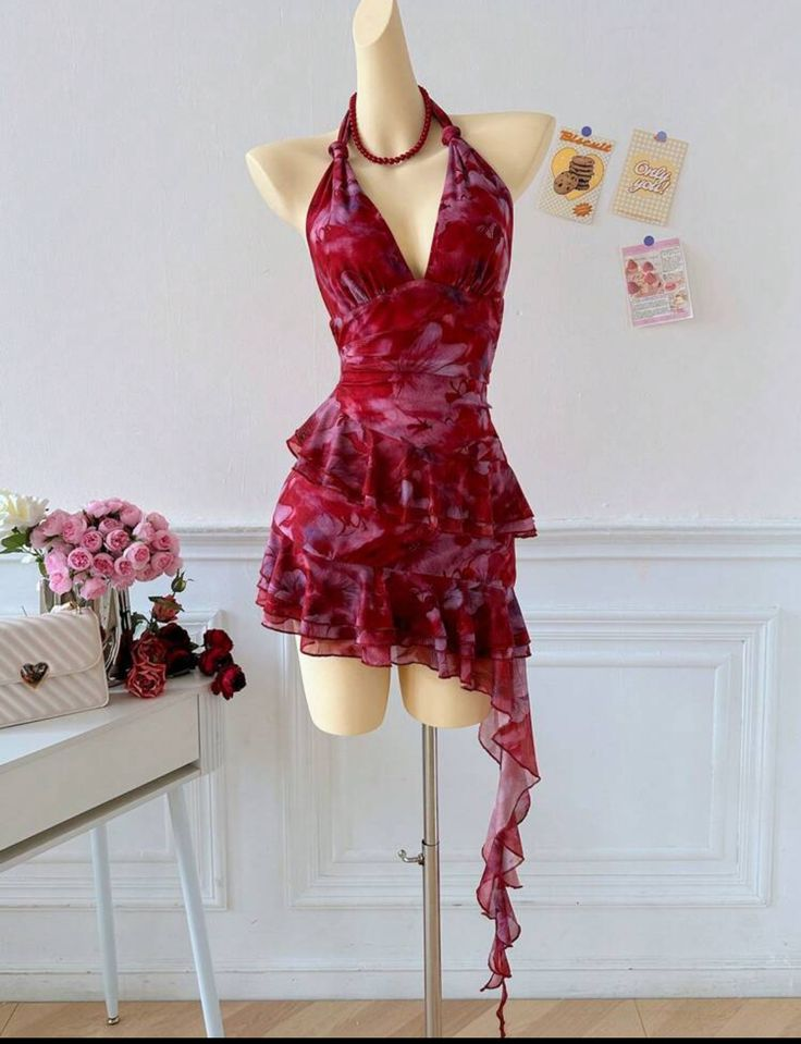 Sexy Halter Burgundy Chiffon Print Floral Cocktail Dress Short Homecoming Dress