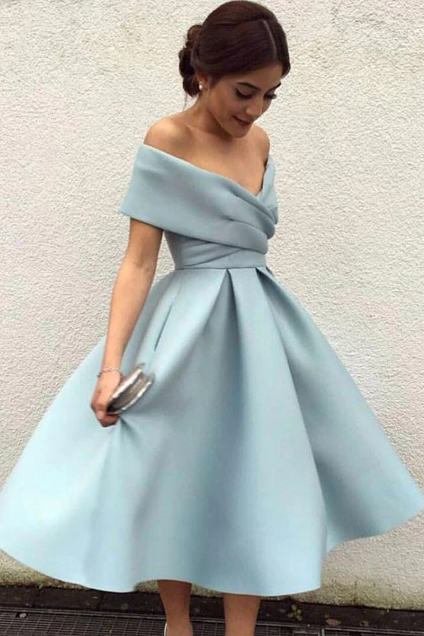 A-Line Off-the-Shoulder Tea-Length Sleeveless Homecoming Dress,Light Blue Satin Prom Dress