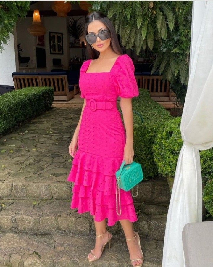 Vintage Hot Pink Square Neckline Party Dress,Casual Dress