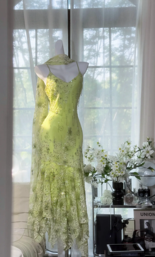 Classy Spaghetti Straps Light Green Chiffon Beaded Mermaid Evening Dress Long Party Dress