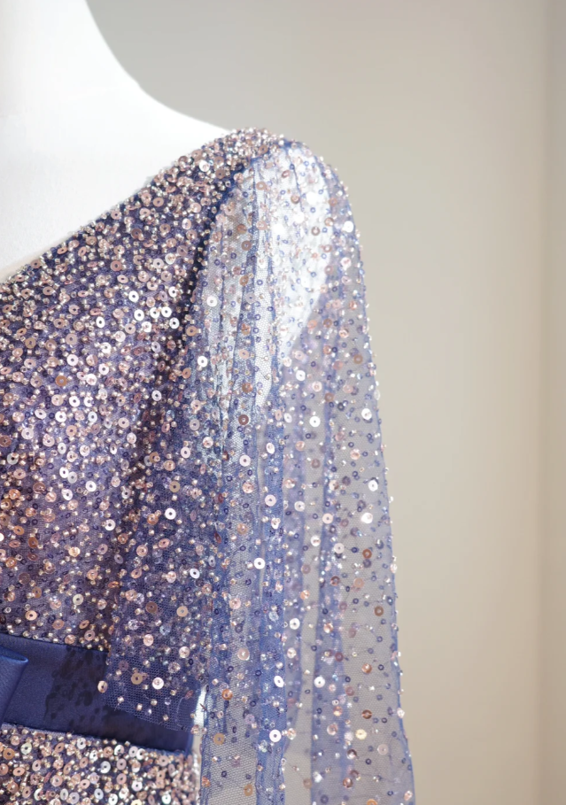 Glitter Navy Blue V Neck Tulle Sequin Beaded A Line Birthday Party Dress Long Evening Dress
