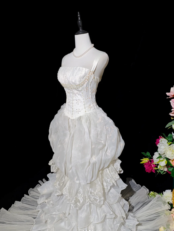 Classy Spaghetti Straps White Satin Tulle Layered Ruffles Long Mermaid Evening Dress Birthday Party Dress