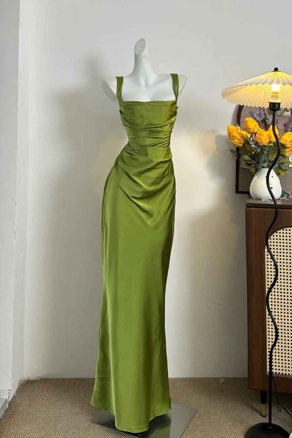 Classy Green Satin Mermaid Long Wedding Guest Dress Formal Birthday Prom Dress Party Dress