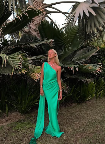 Sexy Green One Shoulder Satin Long Prom Dress,Formal Party Evening Gown