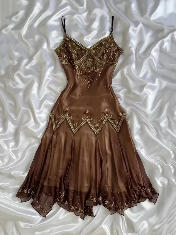 Vintage Spaghetti Straps V Neck Brown Tulle Beaded Short Prom Dress Formal Homecoming Dress