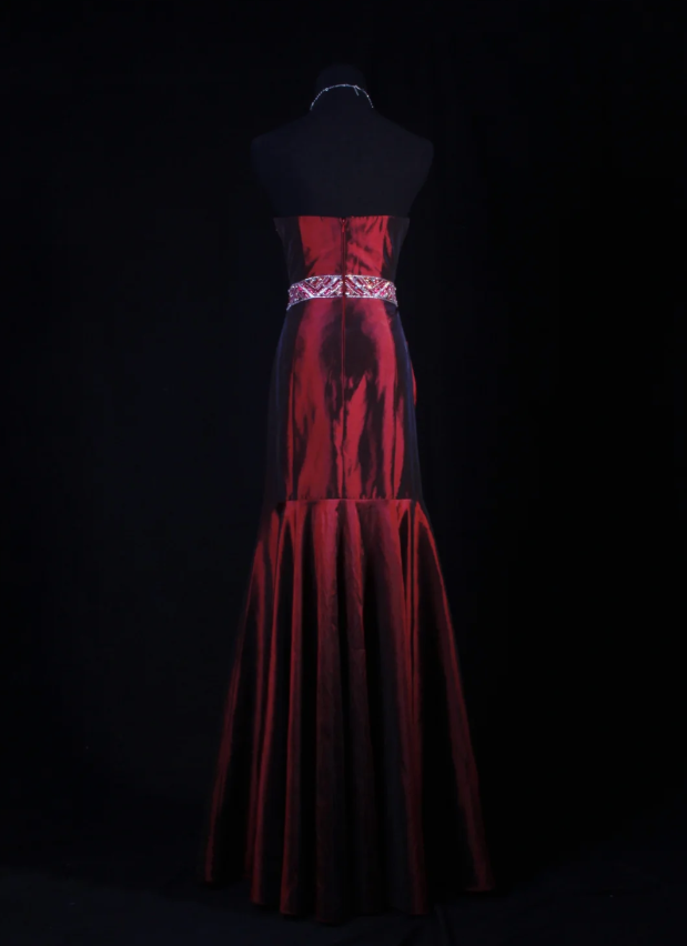 Elegant Strapless Satin Beaded Party Dress Burgundy Mermaid Long Prom Gown