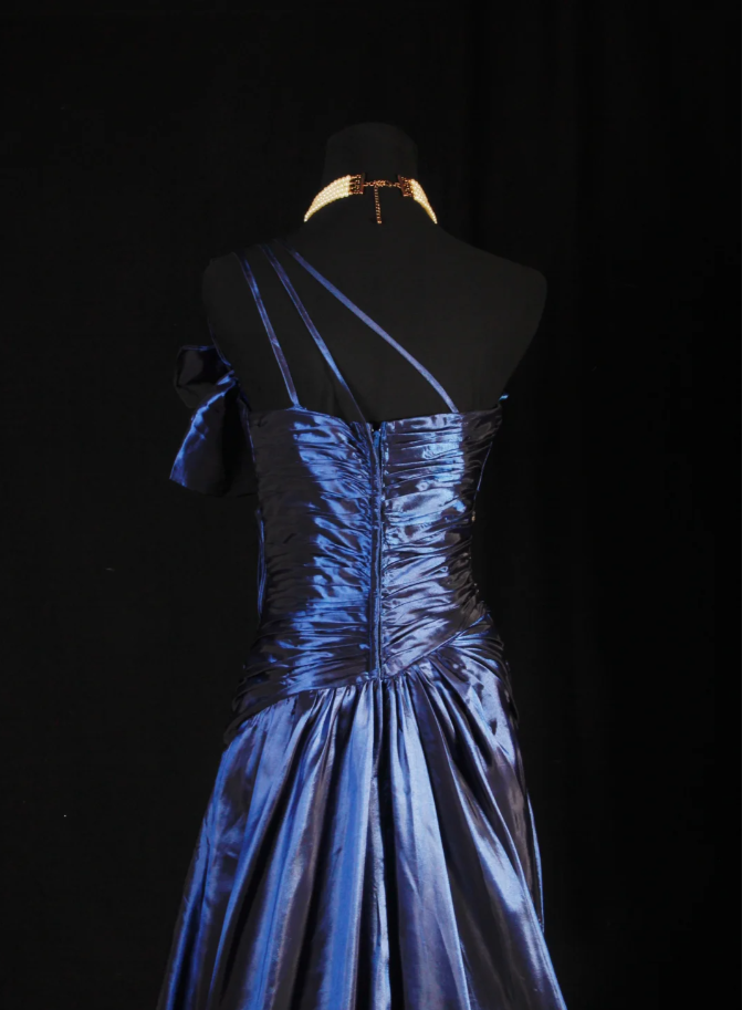 Elegant One Shoulder Satin Pleated Beaded Mermaid Evening Dress Navy Blue Long Party Dress