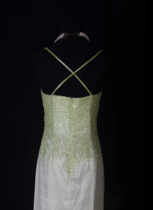 Classy Spaghetti Straps Satin Chiffon Beaded Mermaid Evening Dress Ombre Green Birthday Prom Dress