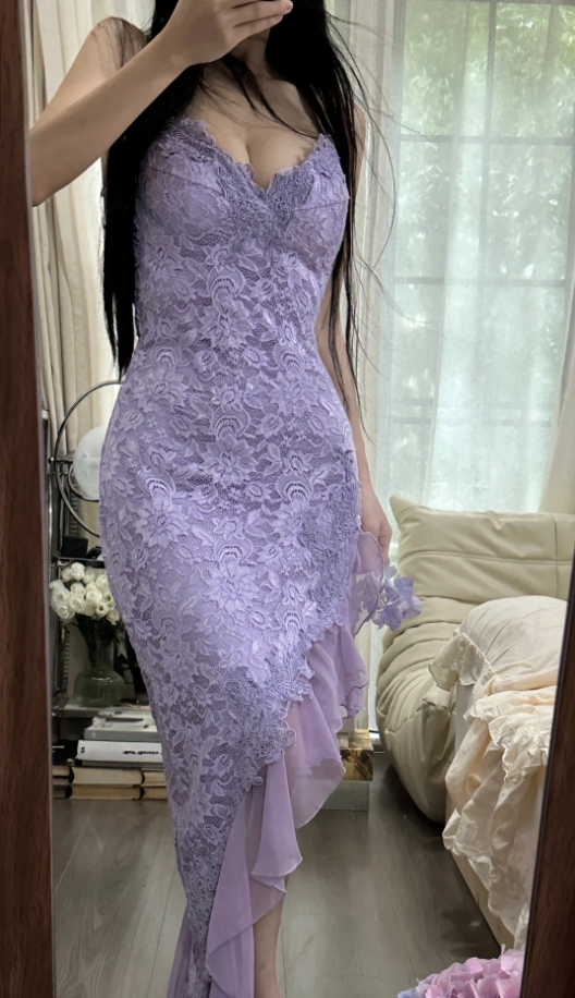 Pretty Spaghetti Straps Lavender V Neck Lace Chiffon Ruffles Long Party Dress Birthday Dress