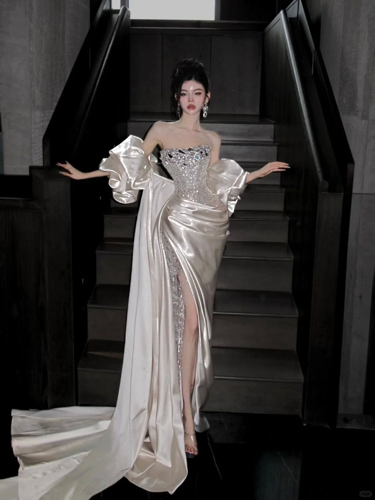 Luxurious Ivory Strapless Satin Sequin Beaded Slit Mermaid Evening Dress Party Gown