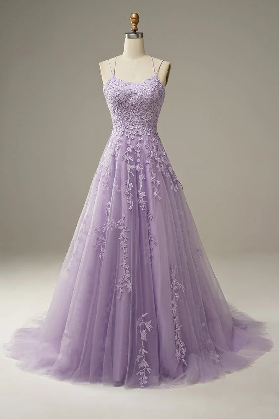 Purple tulle lace long prom dress formal dress