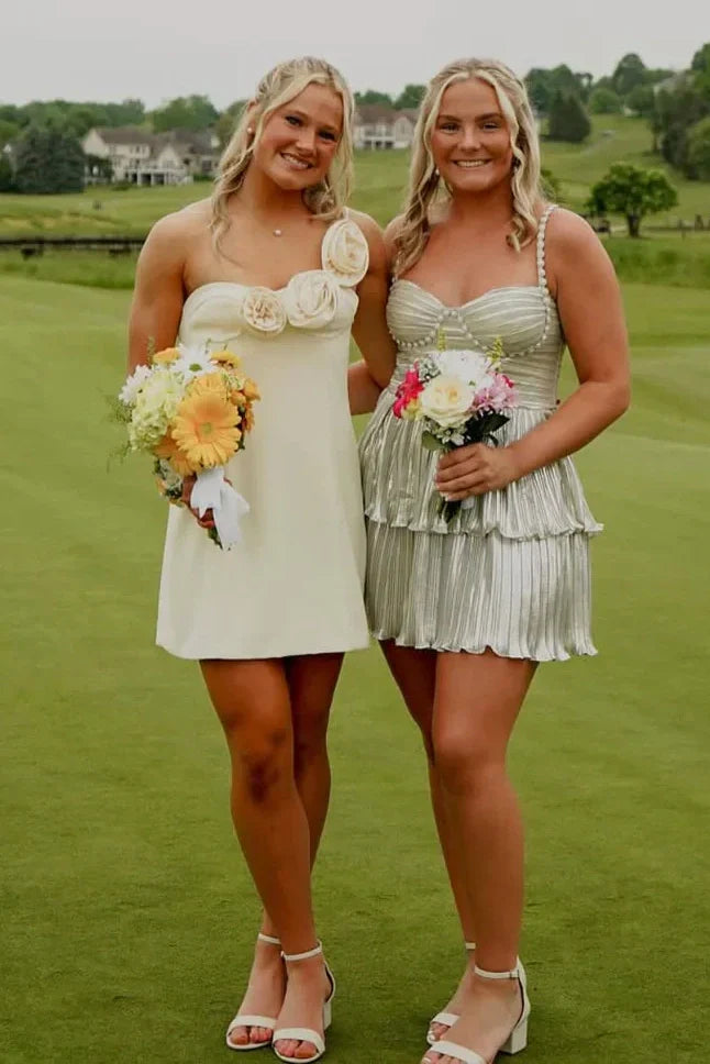 Fashionable Sheath One Shoulder Light Yellow Short Homecoming Dress with 3D Flowers