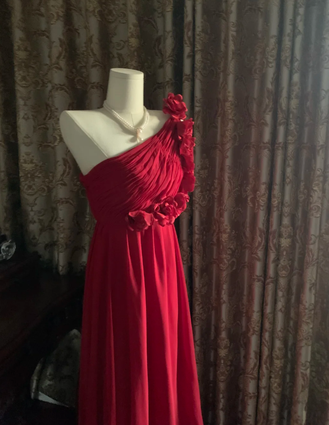 Elegant One Shoulder Red Chiffon Long Wedding Guest Dress Formal Birthday Prom Dress Evening Dress With Flowers