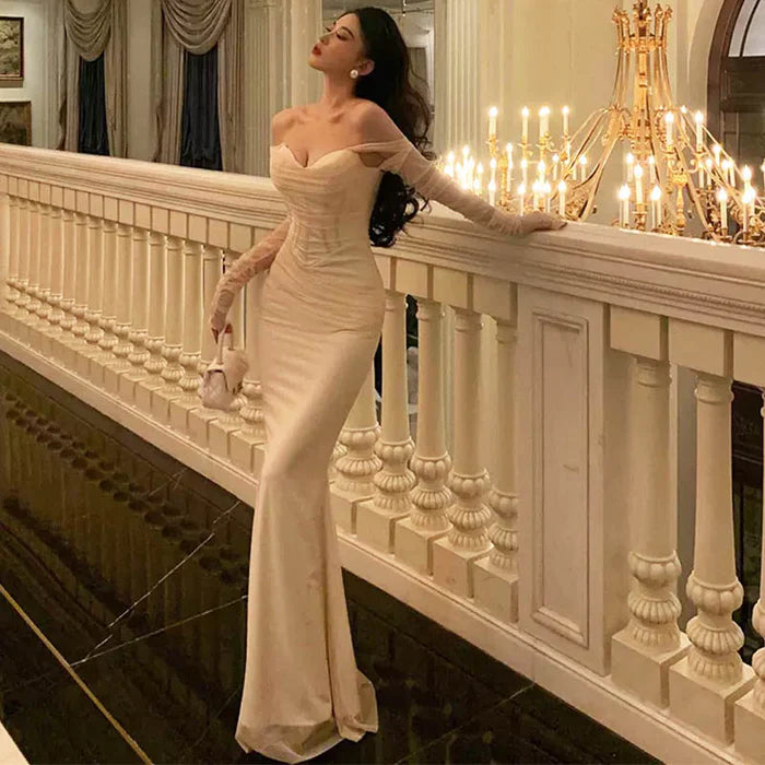 Sexy Mermaid Off The Shoulder Tulle White Satin Long Prom Dress Evening Dresses
