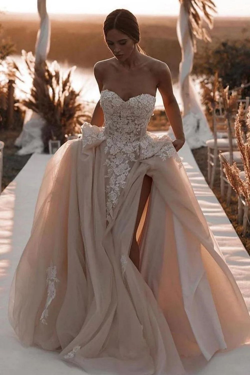 Gorgeous A Line Sweetheart Champagne Long Wedding Dress with Appliques