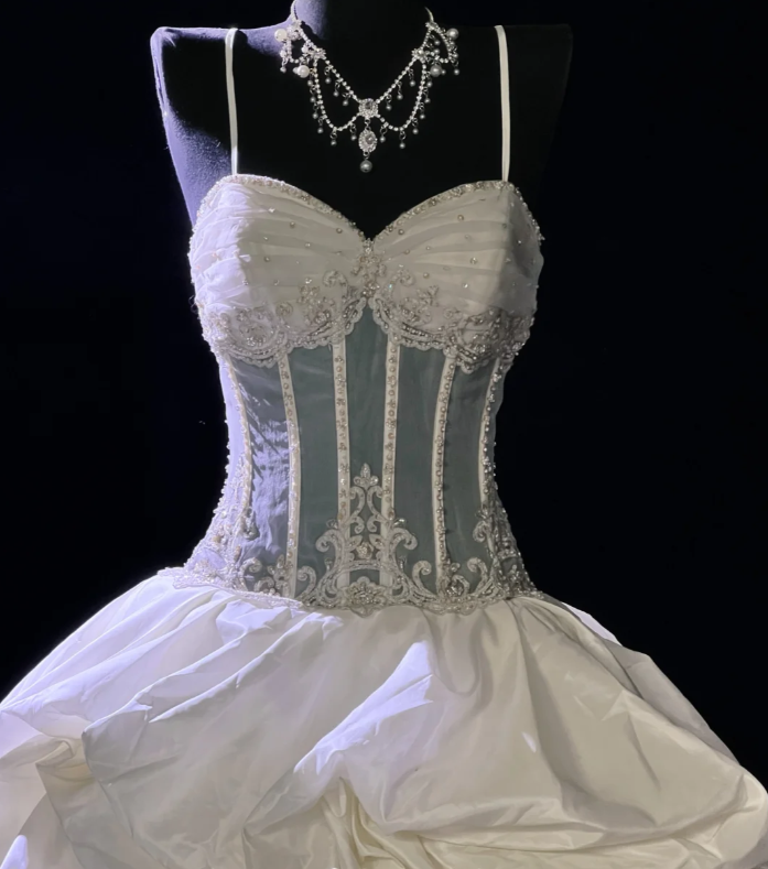 Pretty Spaghetti Straps Tulle Satin Pleated Beaded White Formal Wedding Dress Bridal Dress