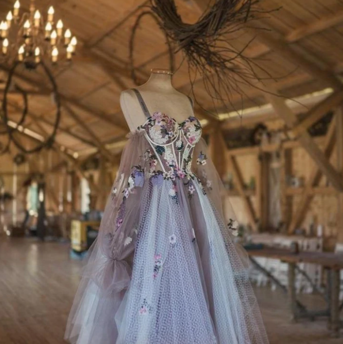 Elegant Dusty Lavender Floral Spaghetti Strap Sweetheart A-line Tulle Long Prom Dress