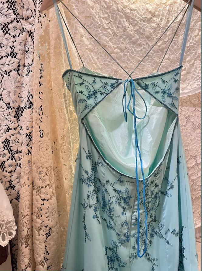 Gorgeous Spaghetti Straps Omber Blue Chiffon Beaded Mermaid Long Party Dress Evening Gown