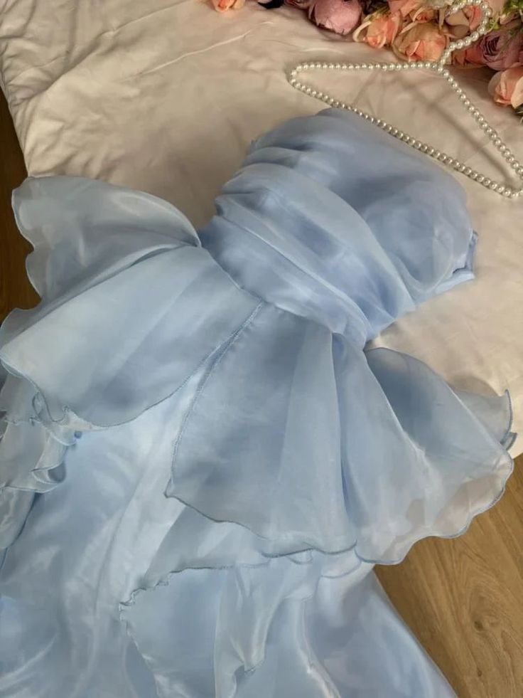 Classy Strapless Blue Organza Pleated Ruffles Long Party Dress Formal Wedding Guest Dress